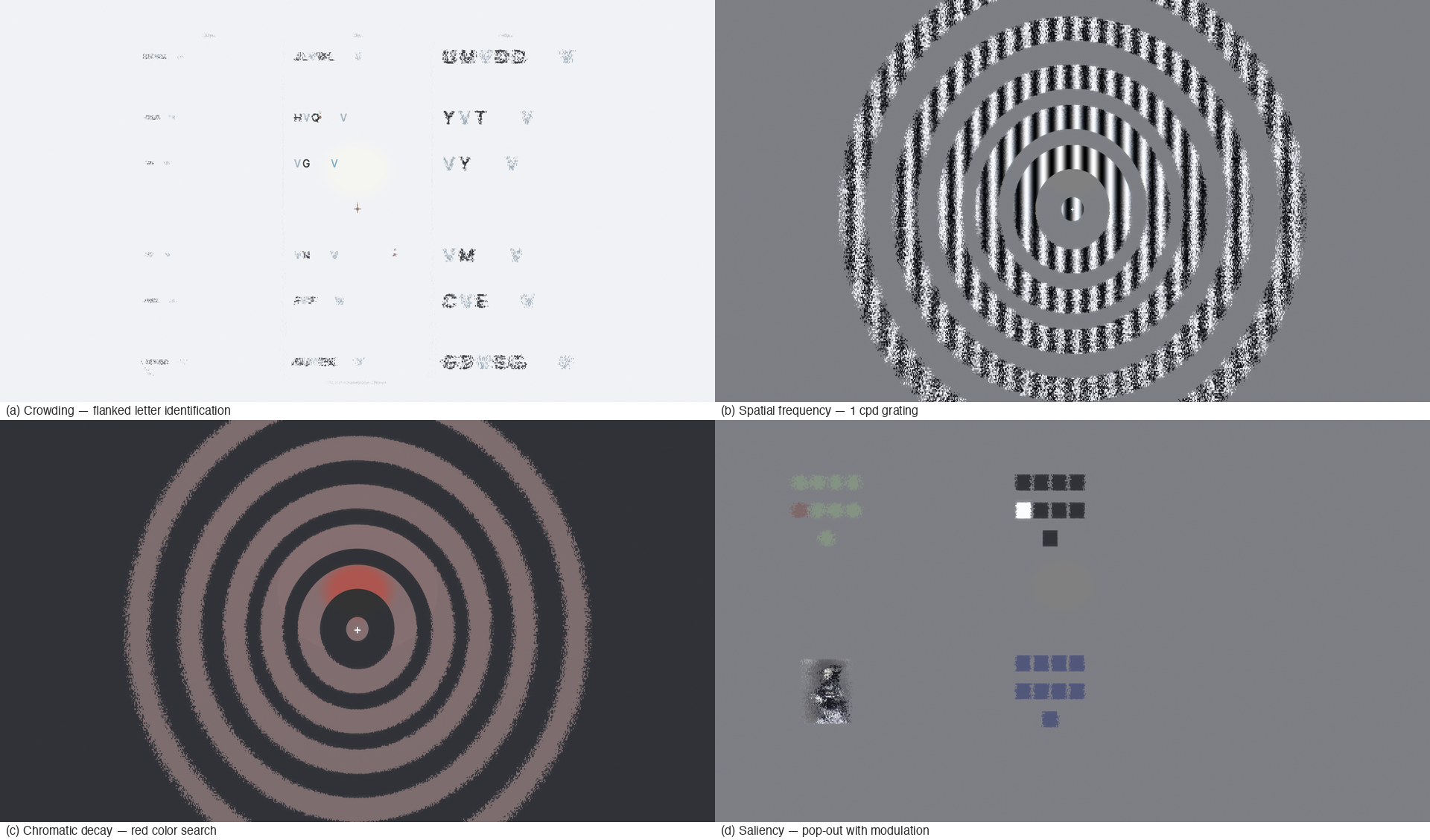 The same four stimuli rendered through Scrutinizer's peripheral vision pipeline, showing eccentricity-dependent degradation