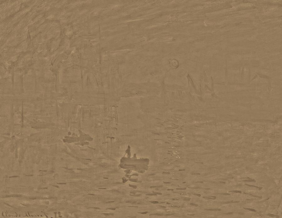 Impression, Sunrise — high-frequency brushwork only