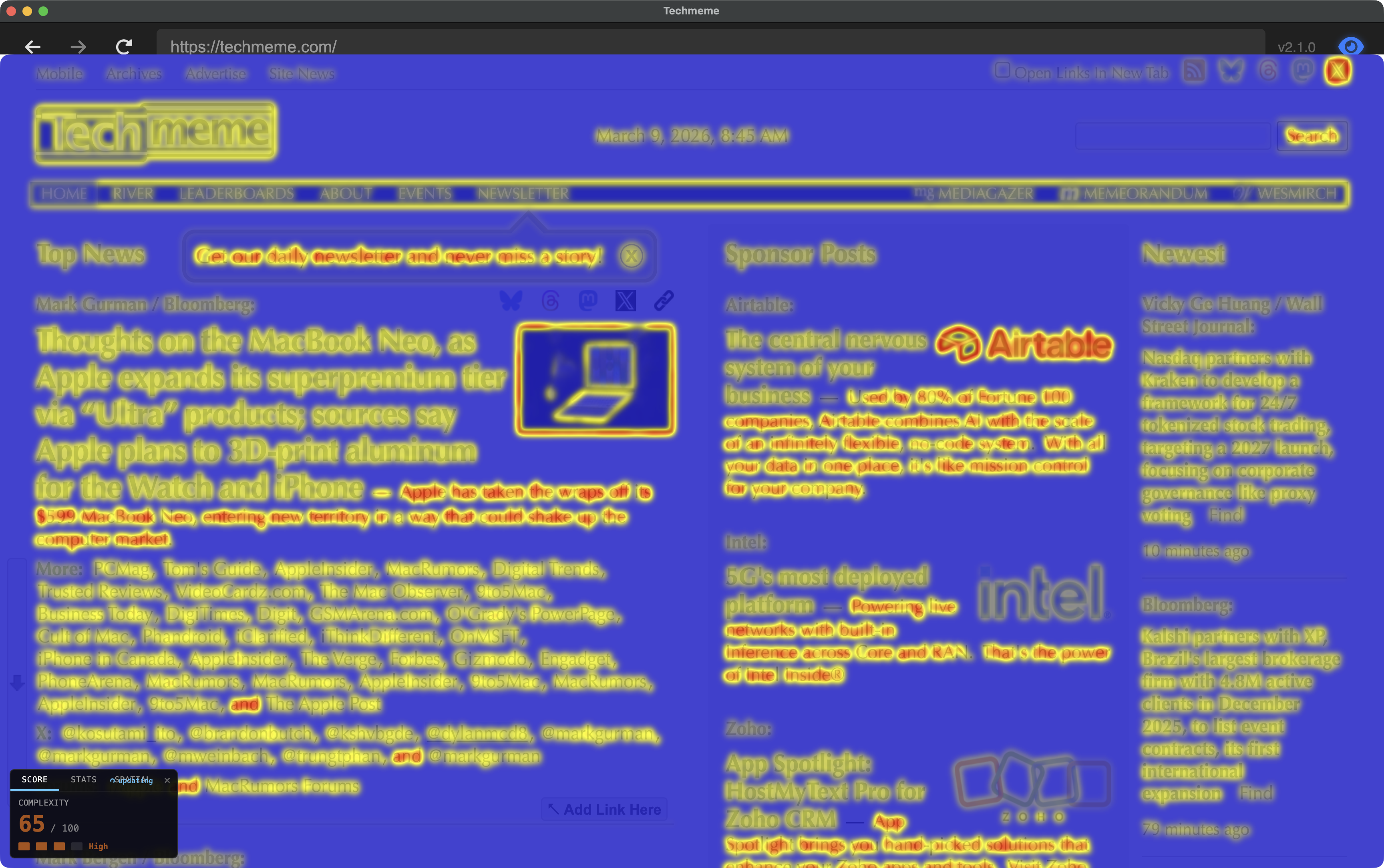 Congestion heatmap overlay on Techmeme, showing blue (low) to yellow (high) feature variance across the page