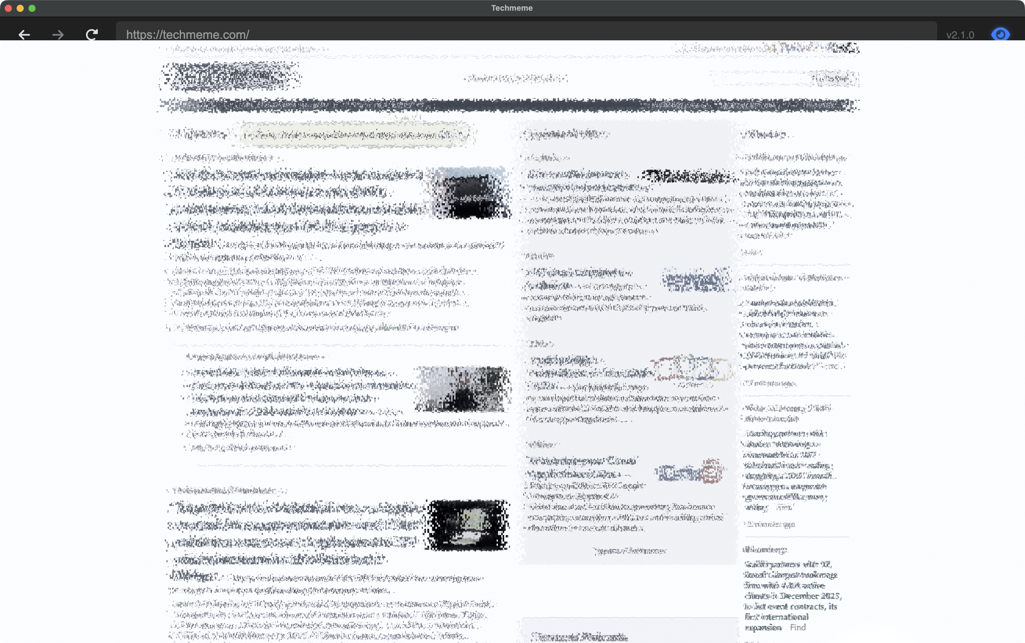 Techmeme in Scrutinizer desktop view with three-column layout and foveated peripheral blur