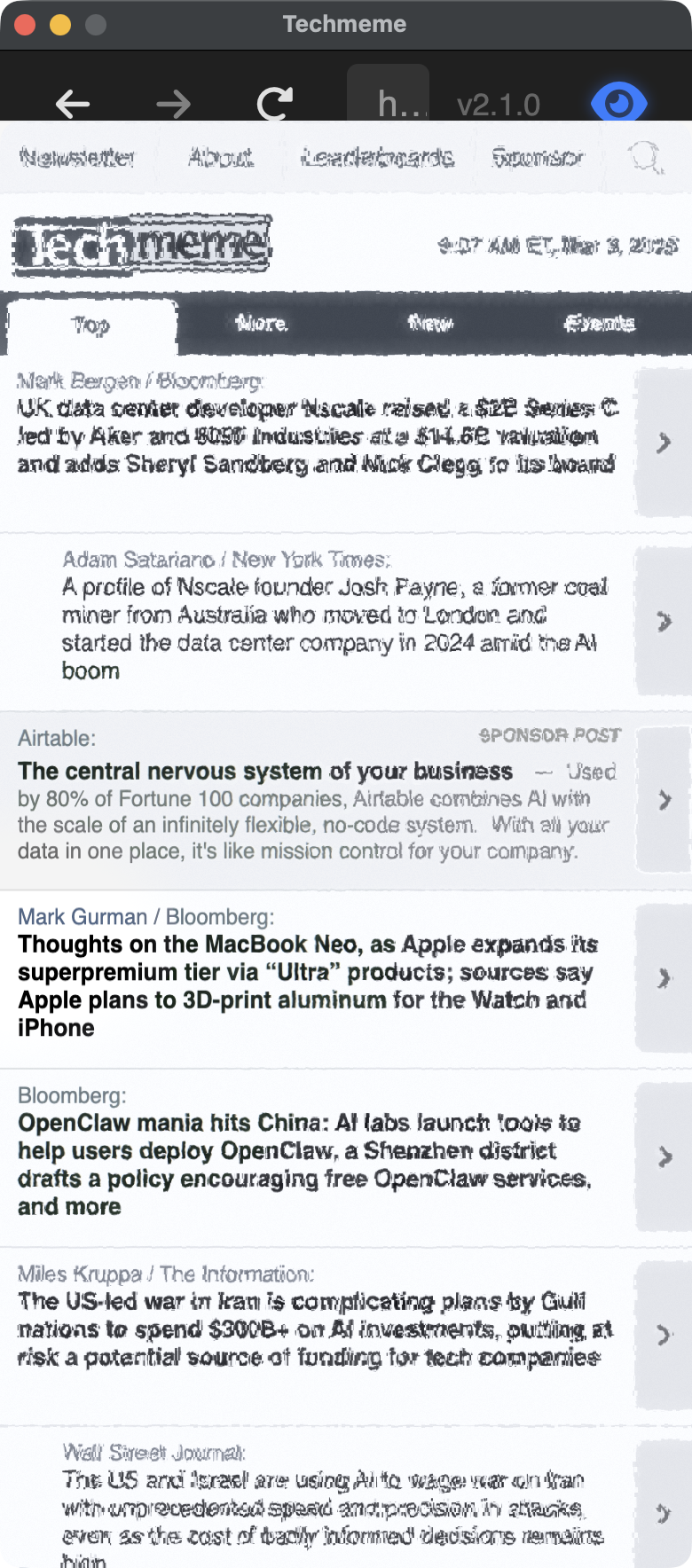 Techmeme in Scrutinizer iPhone 14 emulation with single-column layout