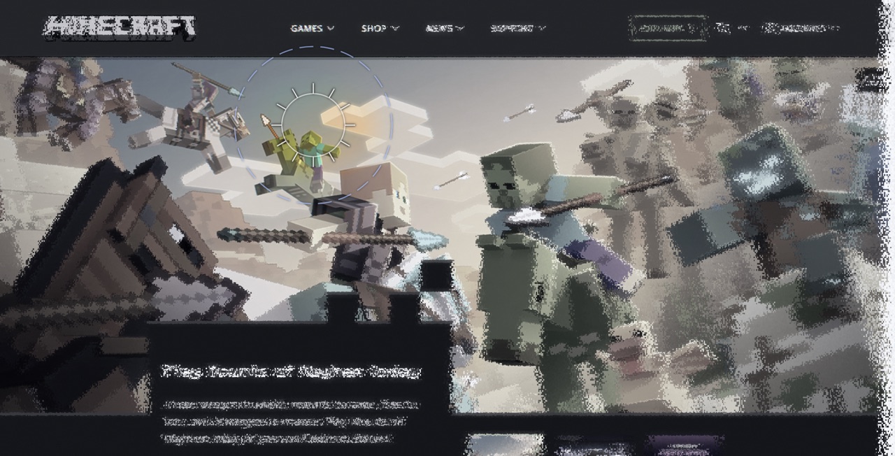 Minecraft.net rendered through Scrutinizer's default High-Key mode, showing eigengrau ghosting and lateral smash distortion increasing with eccentricity from the fixation point