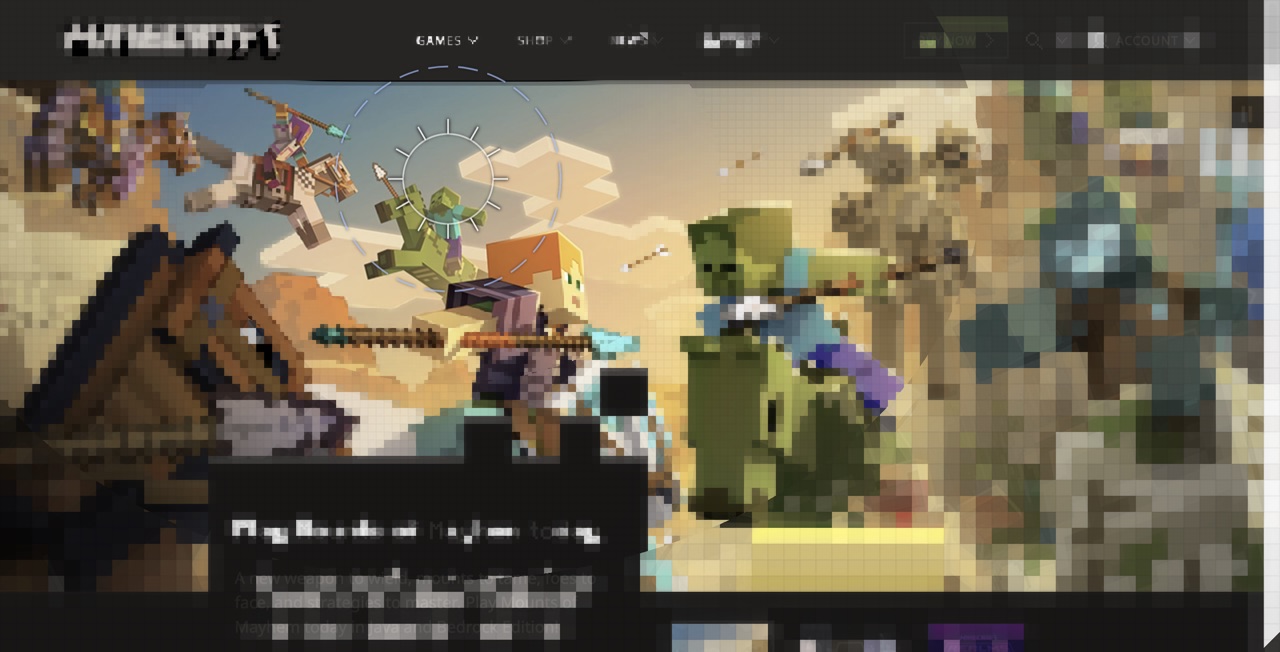 Minecraft.net rendered through Scrutinizer's Minecraft Block Pooling mode, showing discrete blocks growing from 4px to 64px with eccentricity