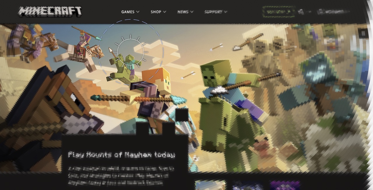 Minecraft.net rendered through Scrutinizer's Minecraft Eyeball polar pooling mode, showing wedge-shaped sectors radiating from the fixation point