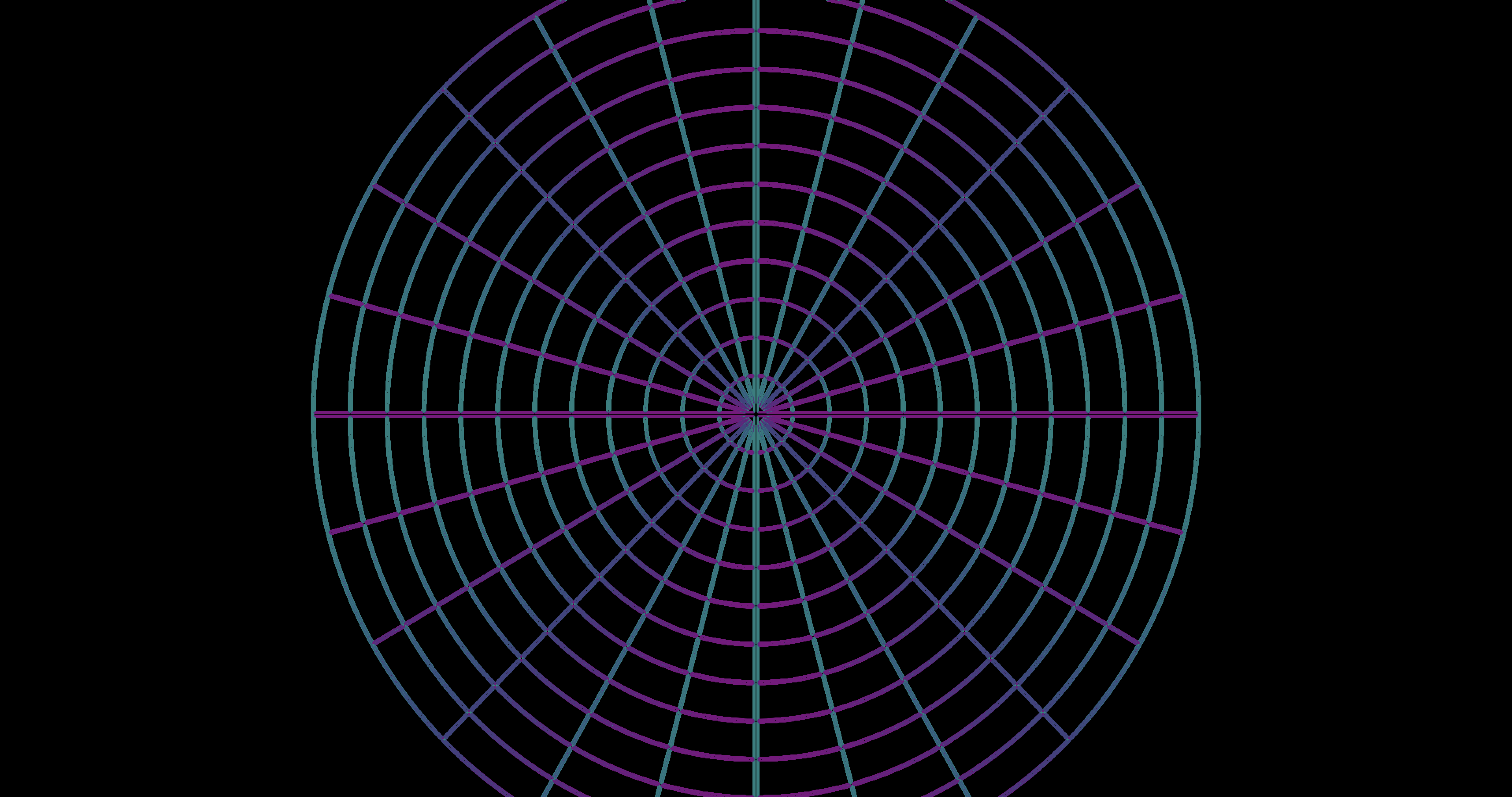 Spider web orientation energy: spokes change color from cyan/magenta at cardinal to purple at diagonal, concentric rings shift as tangent angle rotates