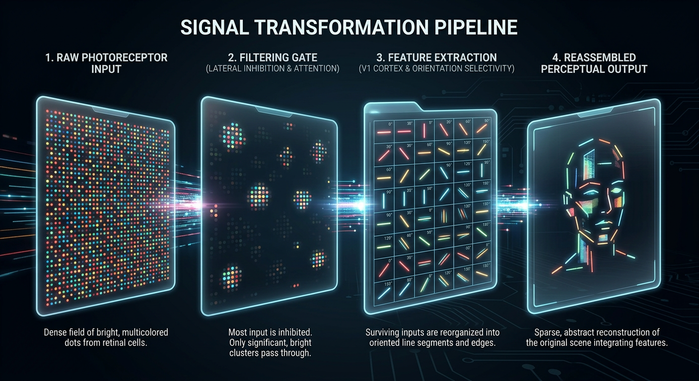 Signal transformation pipeline: raw photoreceptor input → LGN filtering gate → V1 feature extraction → reassembled perceptual output