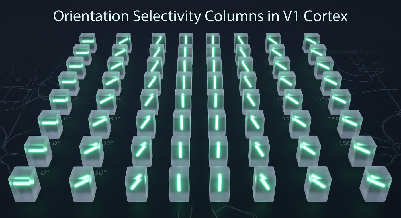 V1 orientation selectivity columns — each cortical column responds to a specific edge orientation